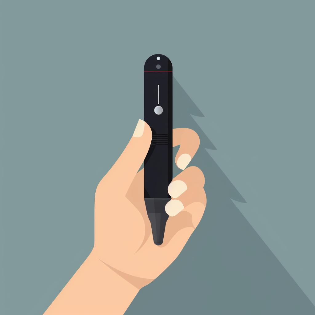 A hand holding an acupuncture pen, pointing out the power button, intensity controls, and the tip.