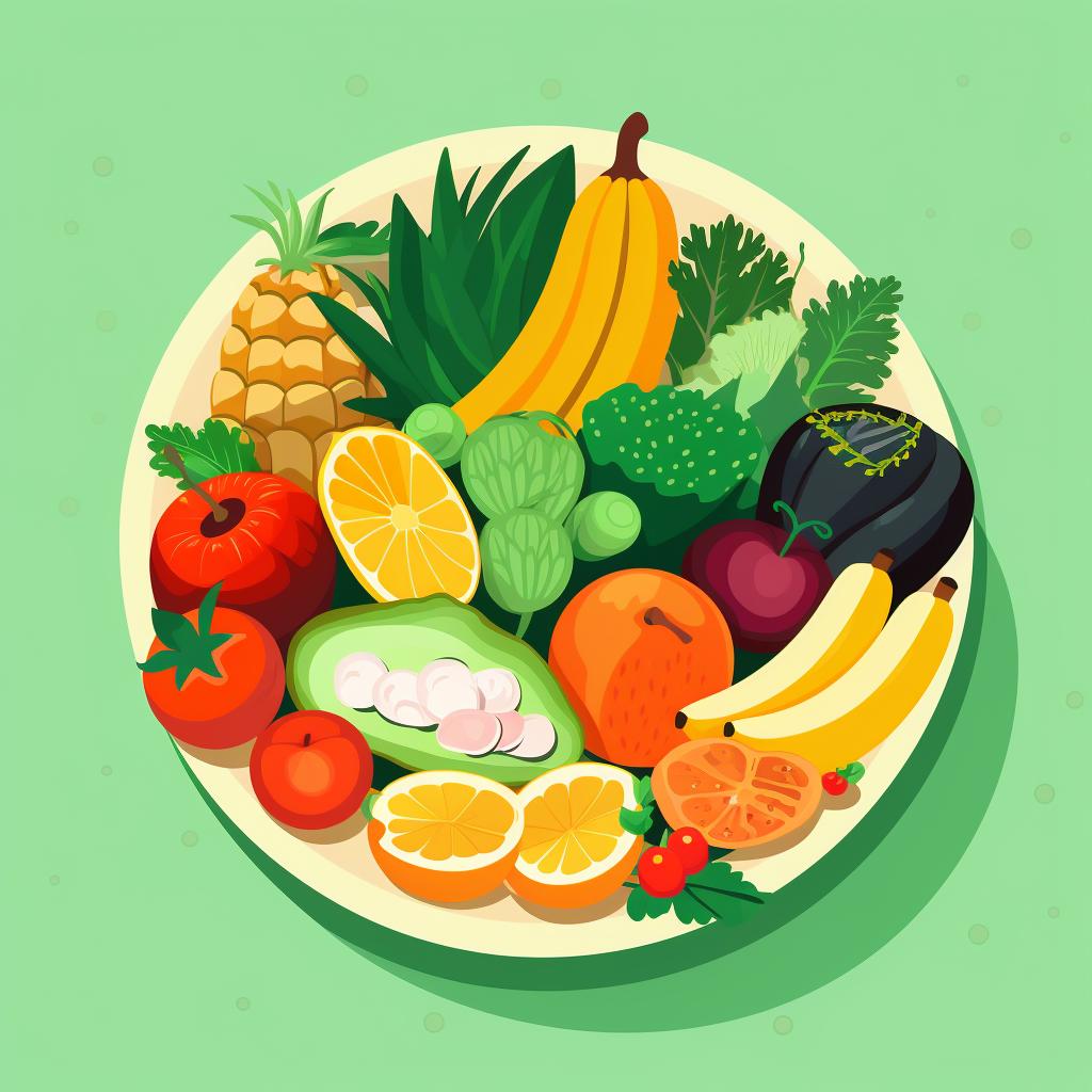 Plate full of fresh fruits and vegetables