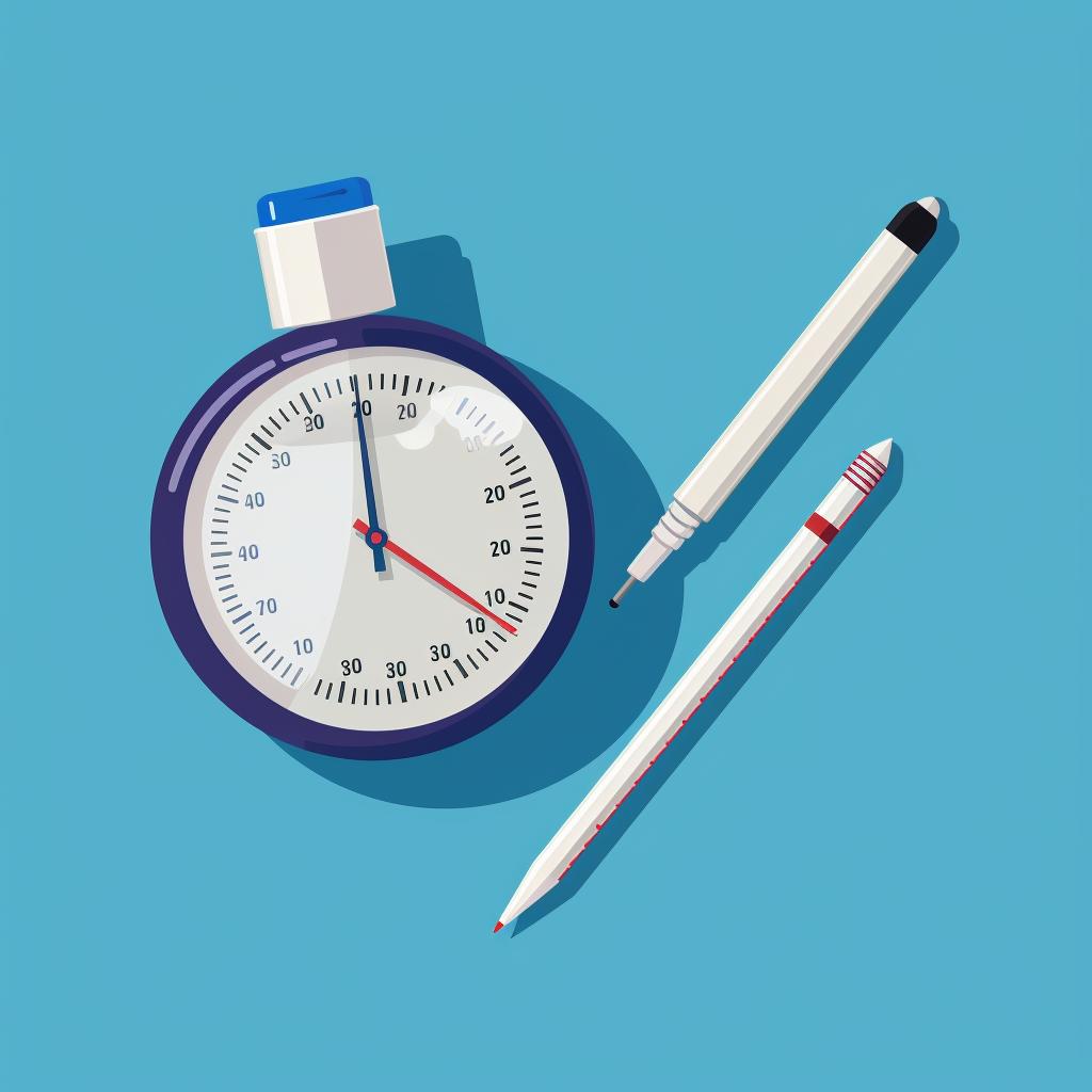 A stopwatch showing a 3-minute timer next to an acupuncture pen.